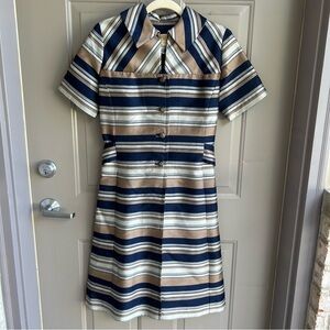 Vintage 70s Striped Mod Dress Handmade A-Line Short Sleeve Navy Tan Retro S/M